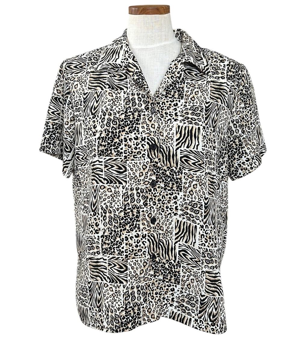 Vintage 90s Animal Print Button Down Shirt SIZE M Zebra Leopard Print Retro